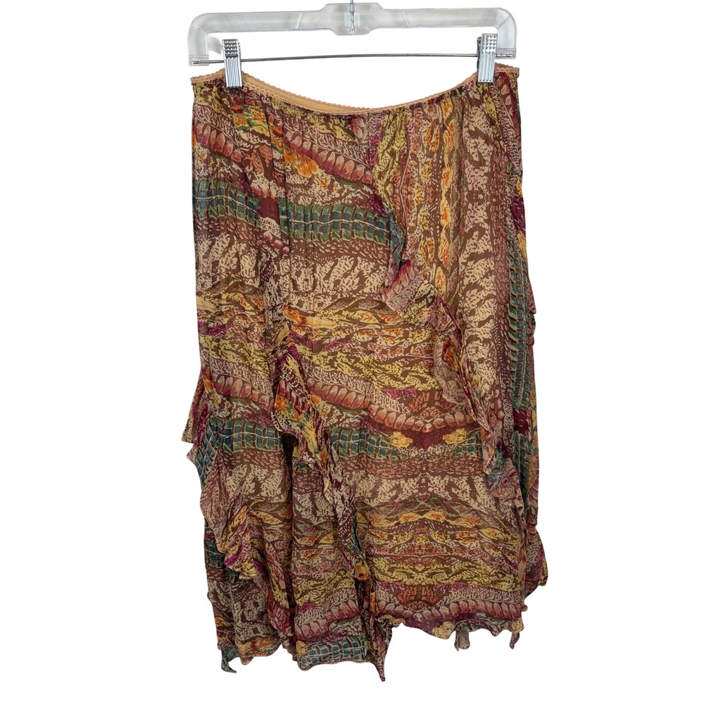 Vintage Nostalgia Ruffle Midi Skirt Abstract Earth Tone Boho Rayon Brown PMed